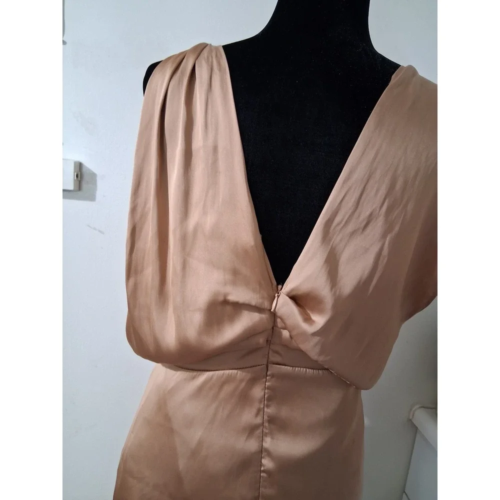 Reset by Jane Champagne Satin Draped Twist Front V-Back Midi Dress Womens Size M